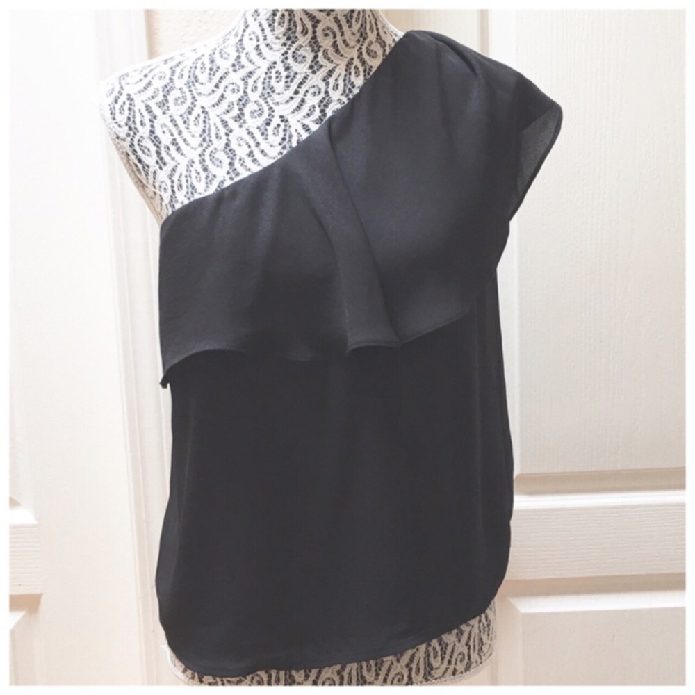 FINN & GRACE One-Shoulder Ruffle Overlay Polyester Top, Black, Medium